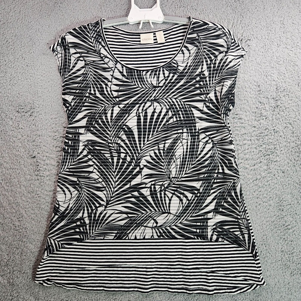 Chico's Top Blouse Women Size 1 Palm Leaf Lined Cap‎ Sleeve Black & White -1